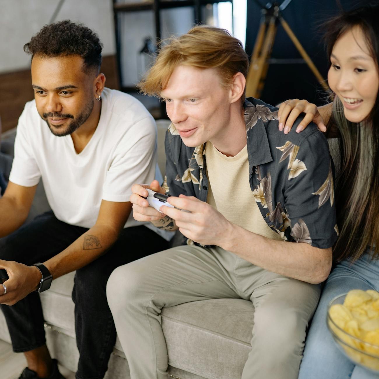 Peaceful gaming environment with controllers and warm ambiance